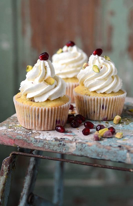 Pistachio and Pomegranate Cupcakes
