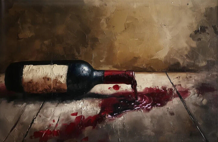 Wine bottle with red wine spilling on a textured surface