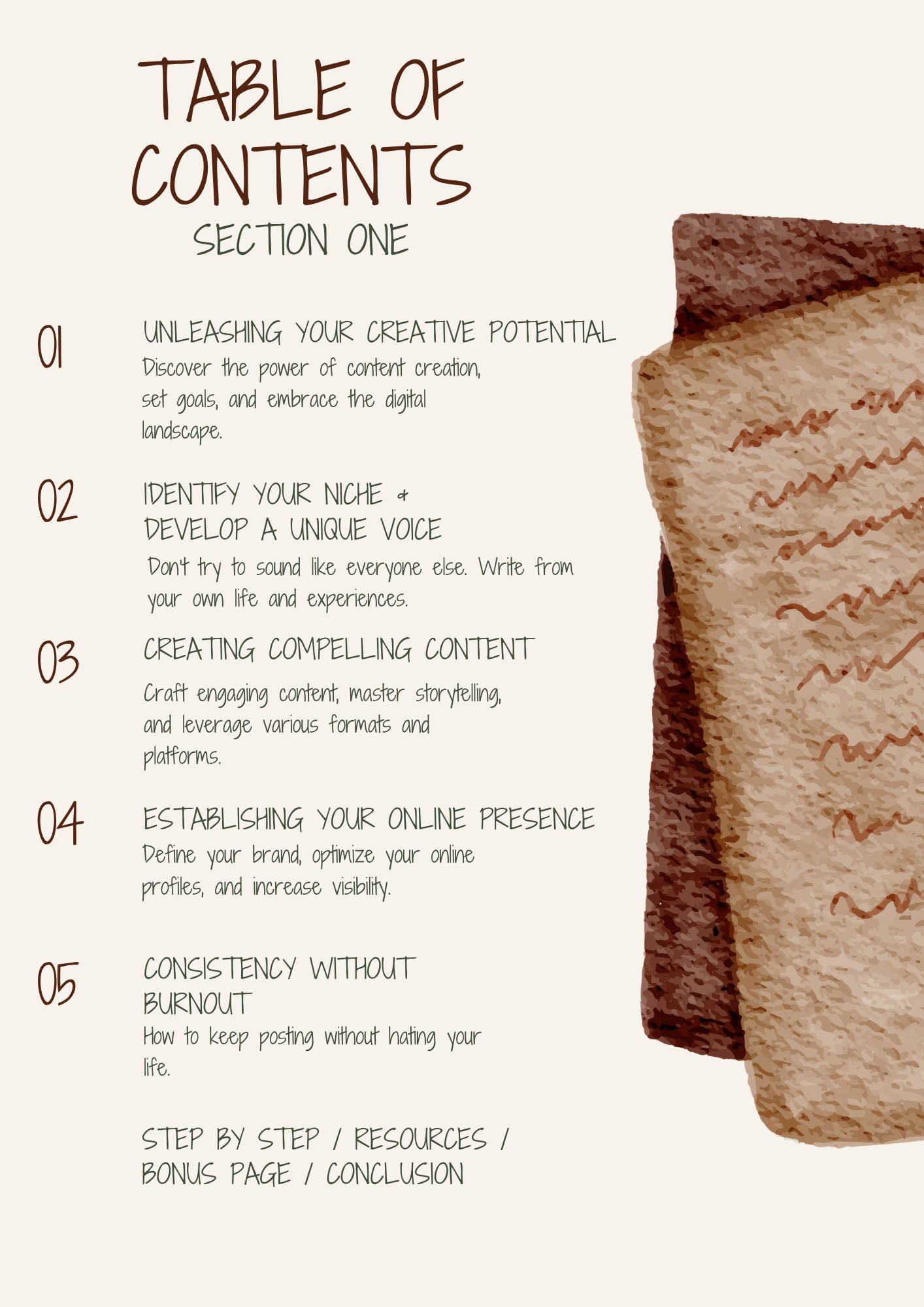 Table of contents for a creative writing or content creation guide with a textured brown background.