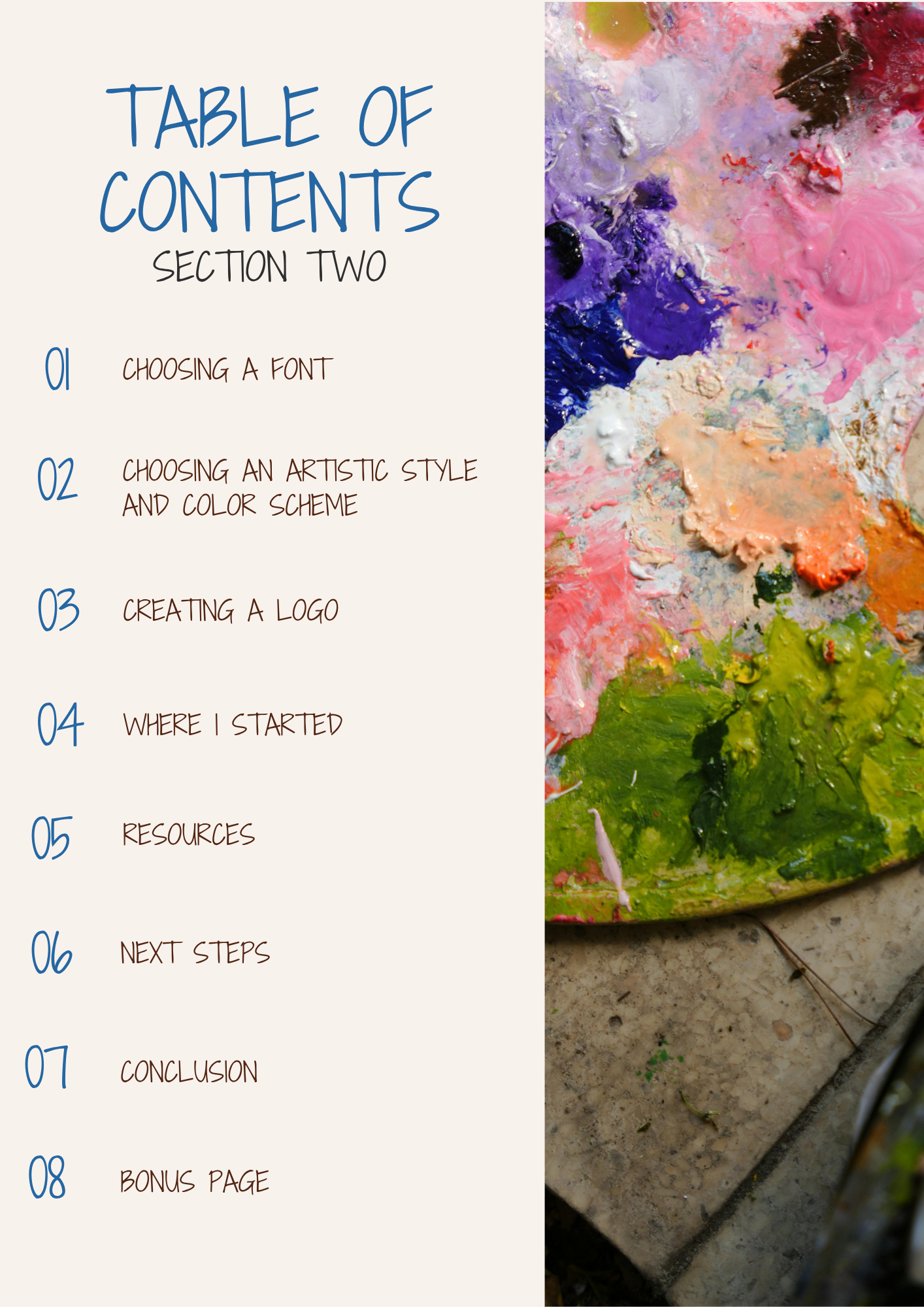 Table of contents for a design guide with an artistic palette on the right side.