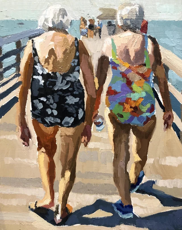 Two older women in swimsuits walking on a beach, painted style