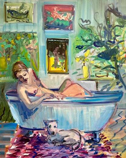 Woman in a bathtub with a dog, surrounded by colorful artwork and plants.