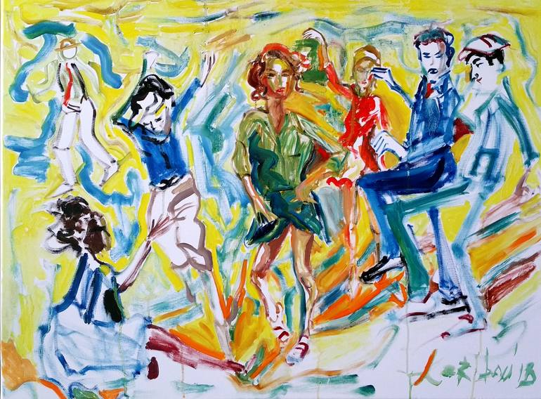 Colorful abstract painting of people in a dynamic pose