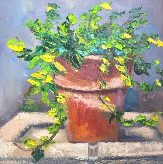 Painting of a potted plant with green leaves and yellow flowers on a textured surface.