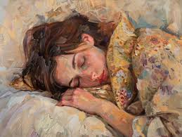 Artistic depiction of a woman sleeping with floral pillows